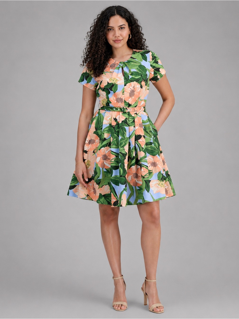 Tahari ASL Women's Green Floral Belted Pleated Short-Sleeve Fit & Flare Dress 16
